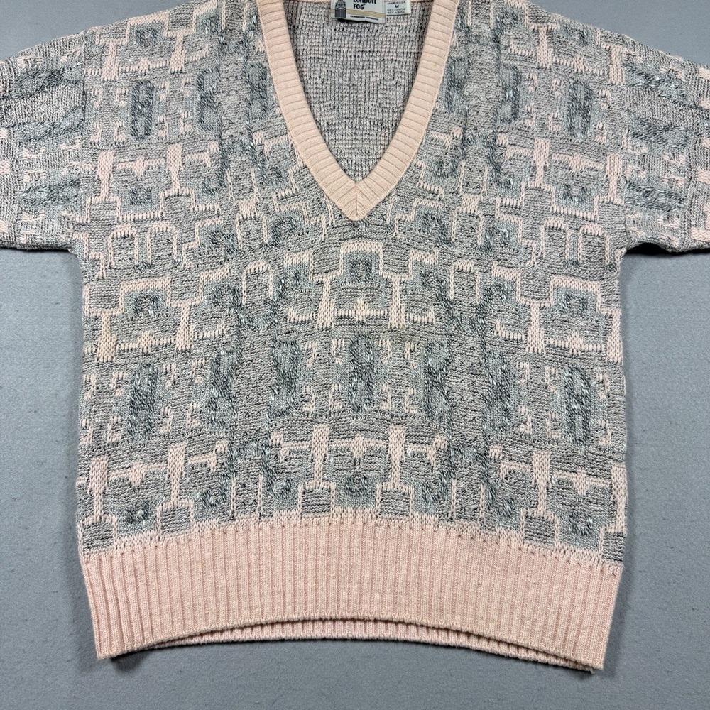 London Fog Vintage Mens Pink Grey Geometric V-Neck Knit Sweater Pullover‎ Size M